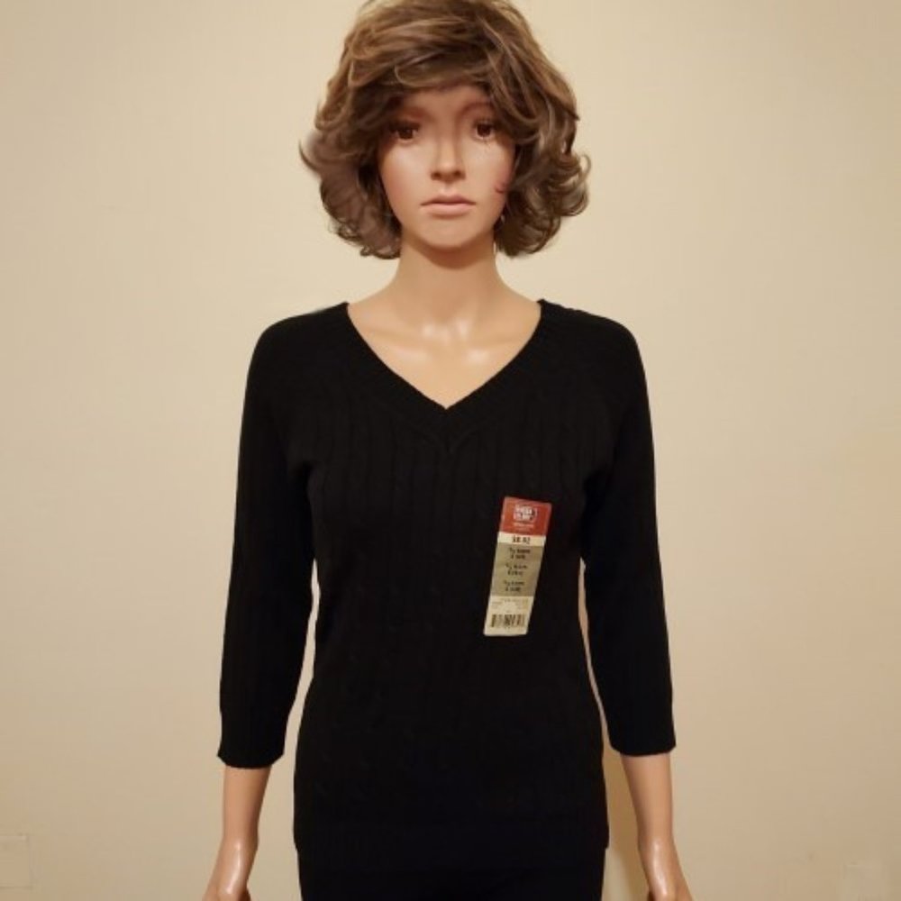 FADED GLORY BLACK 3/4 LENGTH SLEEVE SWEATER SIZE SMALL NWT